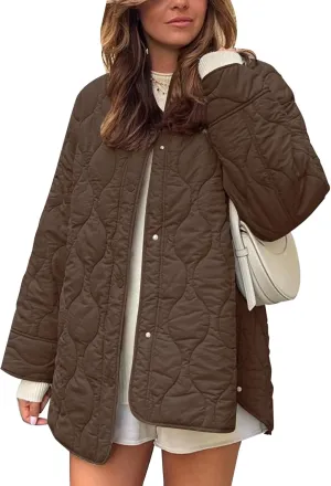 Flygo Women's Oversized Quilted Lightweight Jacket Button Down Puffer Padded Outerwear with Pocket