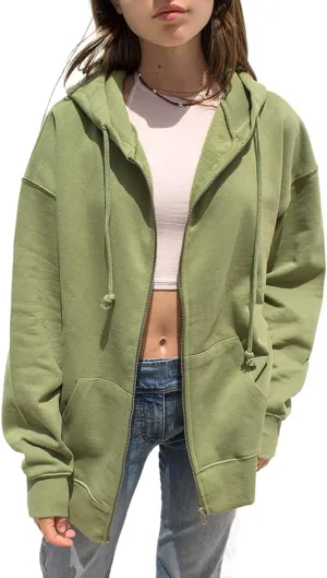 FOMOYUU Women Oversized Zip Up Hoodie E-girl Baggy Loose Solid Hooded Sweatshirt Jacket Outwear Casual Coat