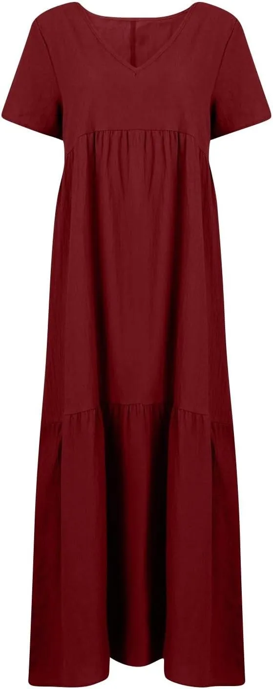 FQZWONG Womens Summer Dresses 2025 Plus Size Short Sleeve/Sleeveless V Neck Boho Maxi Dress Casual Beach Long Sundresses