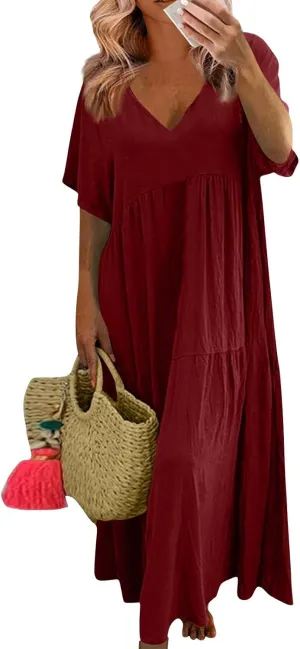 FQZWONG Womens Summer Dresses 2025 Plus Size Short Sleeve/Sleeveless V Neck Boho Maxi Dress Casual Beach Long Sundresses