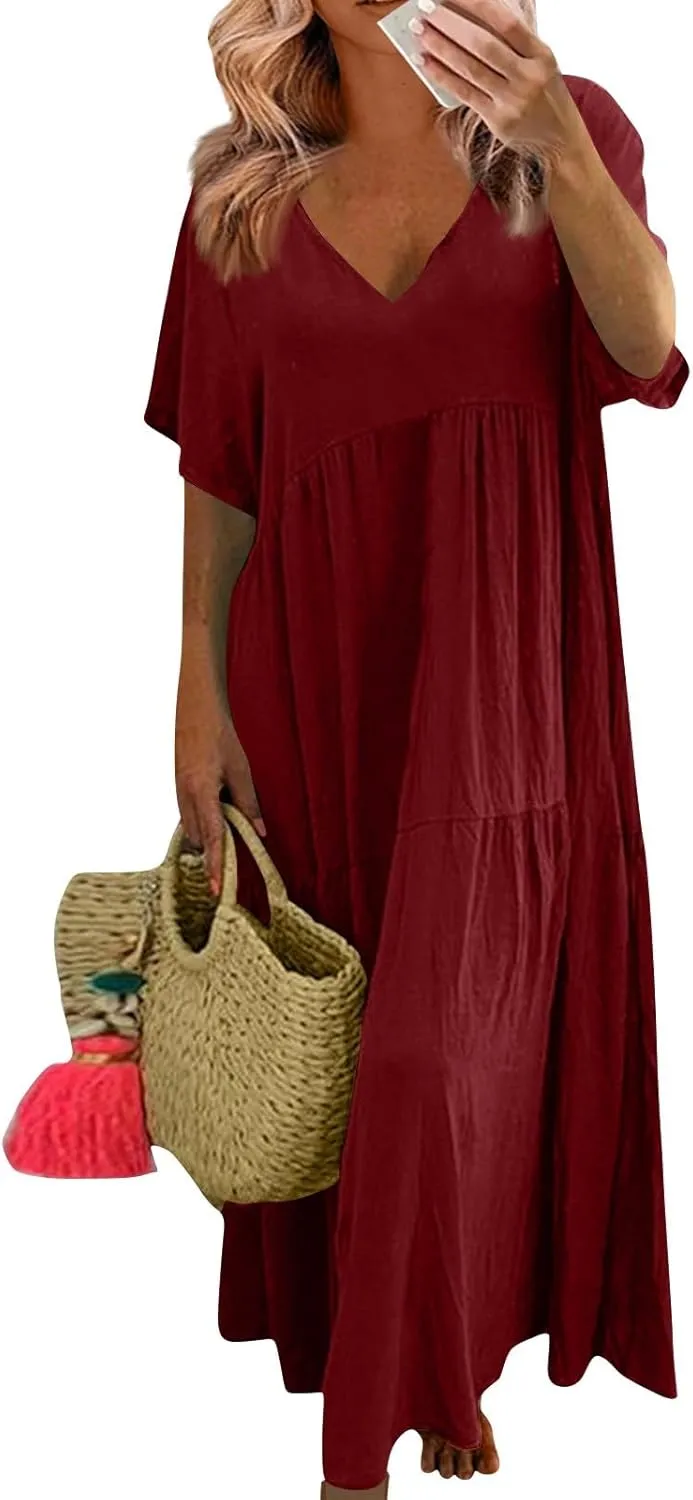 FQZWONG Womens Summer Dresses 2025 Plus Size Short Sleeve/Sleeveless V Neck Boho Maxi Dress Casual Beach Long Sundresses