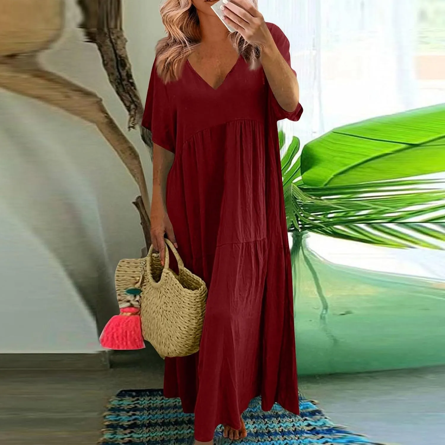 FQZWONG Womens Summer Dresses 2025 Plus Size Short Sleeve/Sleeveless V Neck Boho Maxi Dress Casual Beach Long Sundresses