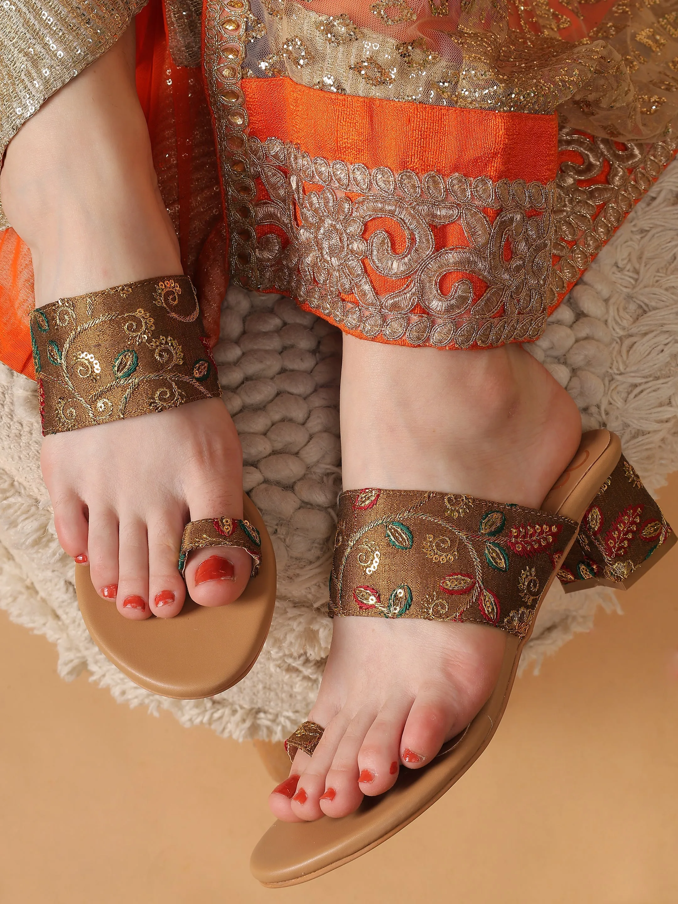 Garden Galleria Brown Embroidered Kolhapuri Heels