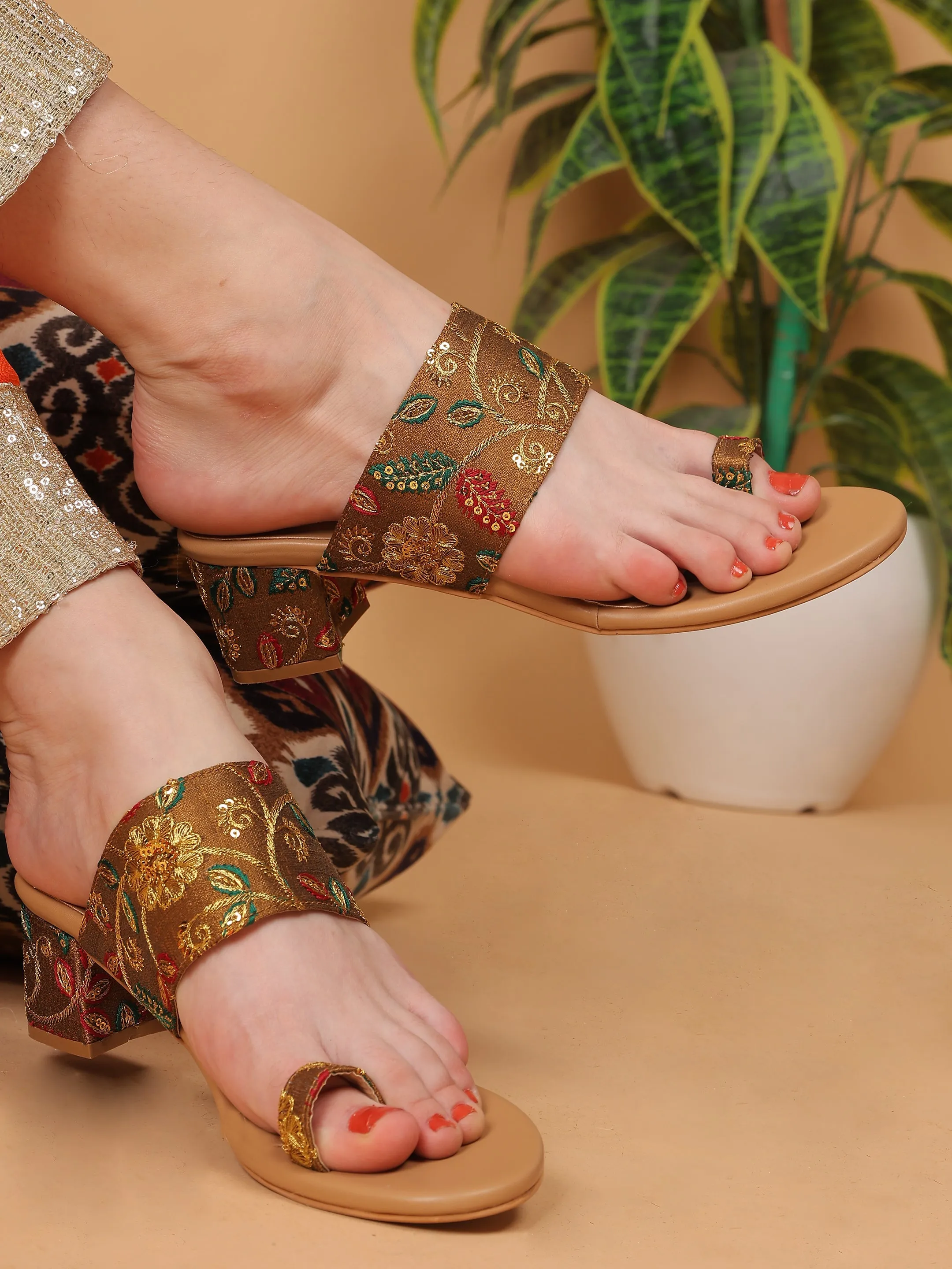 Garden Galleria Brown Embroidered Kolhapuri Heels