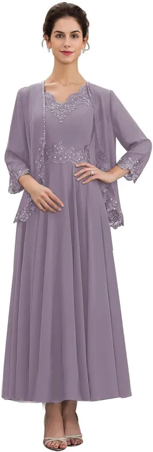 GARDOM Appliques 2 Pieces Mother of The Bride Dresses with Jackets Long Sleeve Tea Length Mother Groom Dress Wedding 2024