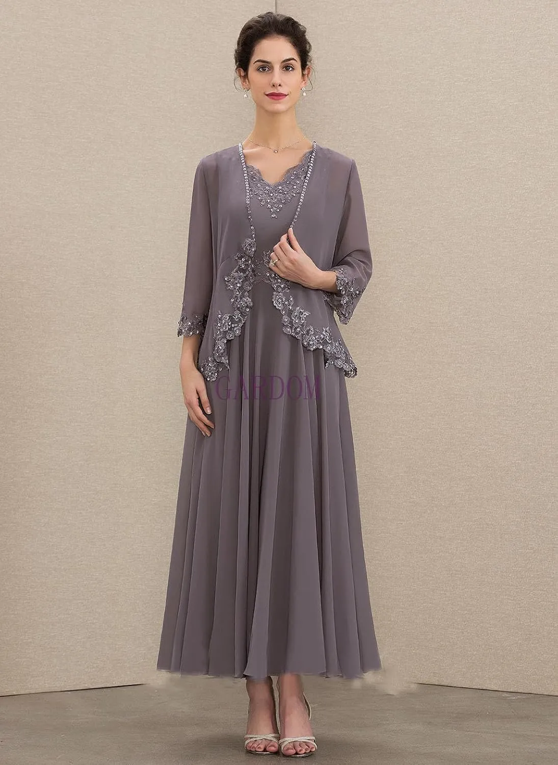 GARDOM Appliques 2 Pieces Mother of The Bride Dresses with Jackets Long Sleeve Tea Length Mother Groom Dress Wedding 2024