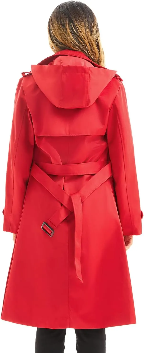 Garemcy Women's Long Waterproof Trench Coat Double Breasted Classic Lapel Coat Belted with Detachable Hood