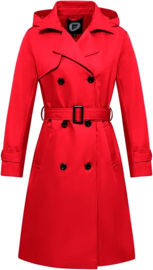 Garemcy Women's Long Waterproof Trench Coat Double Breasted Classic Lapel Coat Belted with Detachable Hood