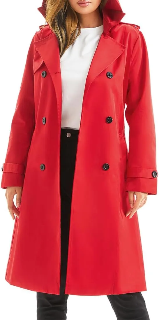 Garemcy Women's Long Waterproof Trench Coat Double Breasted Classic Lapel Coat Belted with Detachable Hood