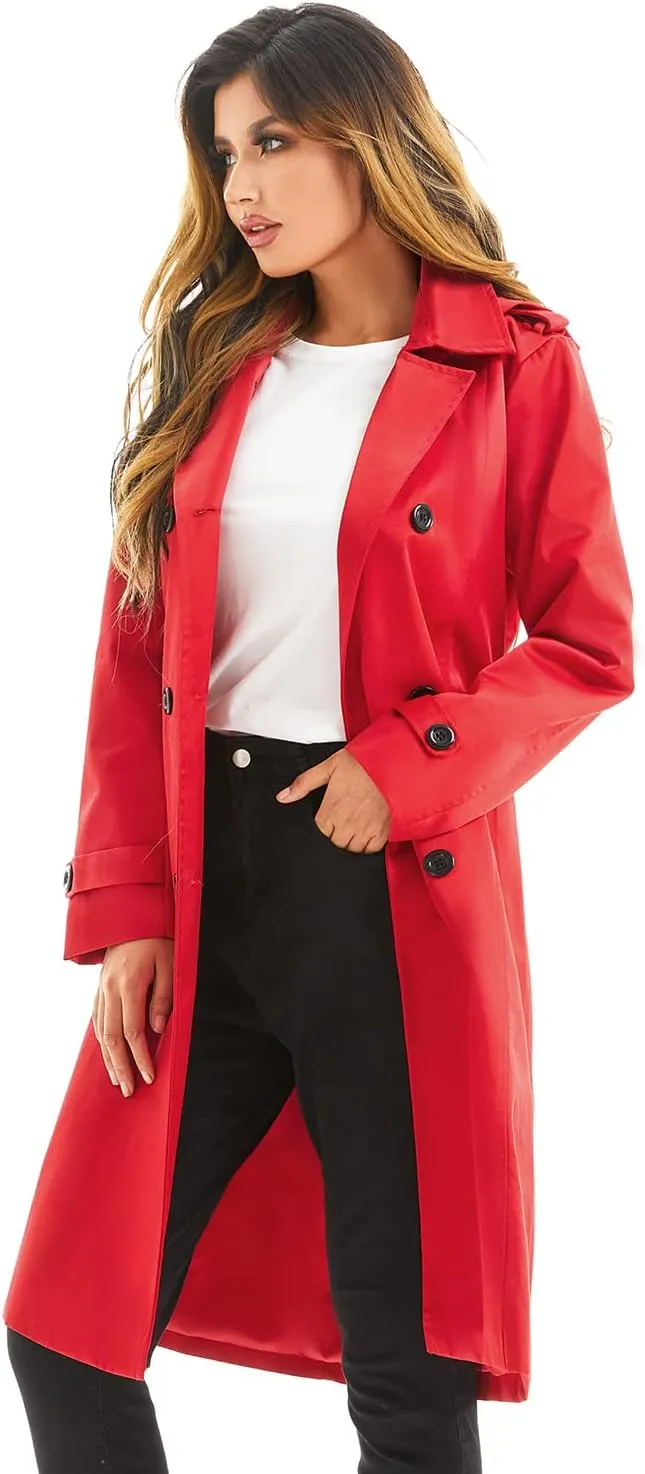Garemcy Women's Long Waterproof Trench Coat Double Breasted Classic Lapel Coat Belted with Detachable Hood