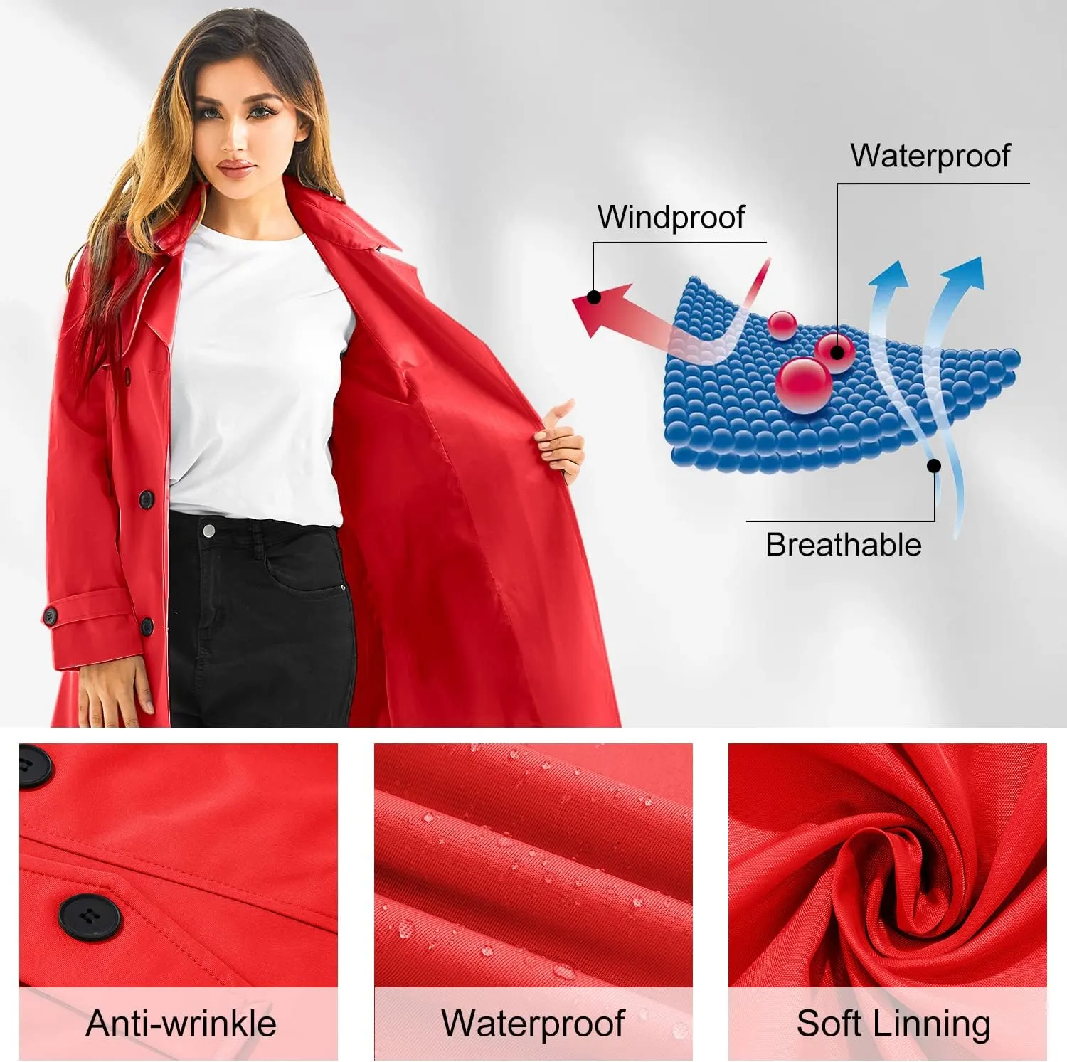 Garemcy Women's Long Waterproof Trench Coat Double Breasted Classic Lapel Coat Belted with Detachable Hood