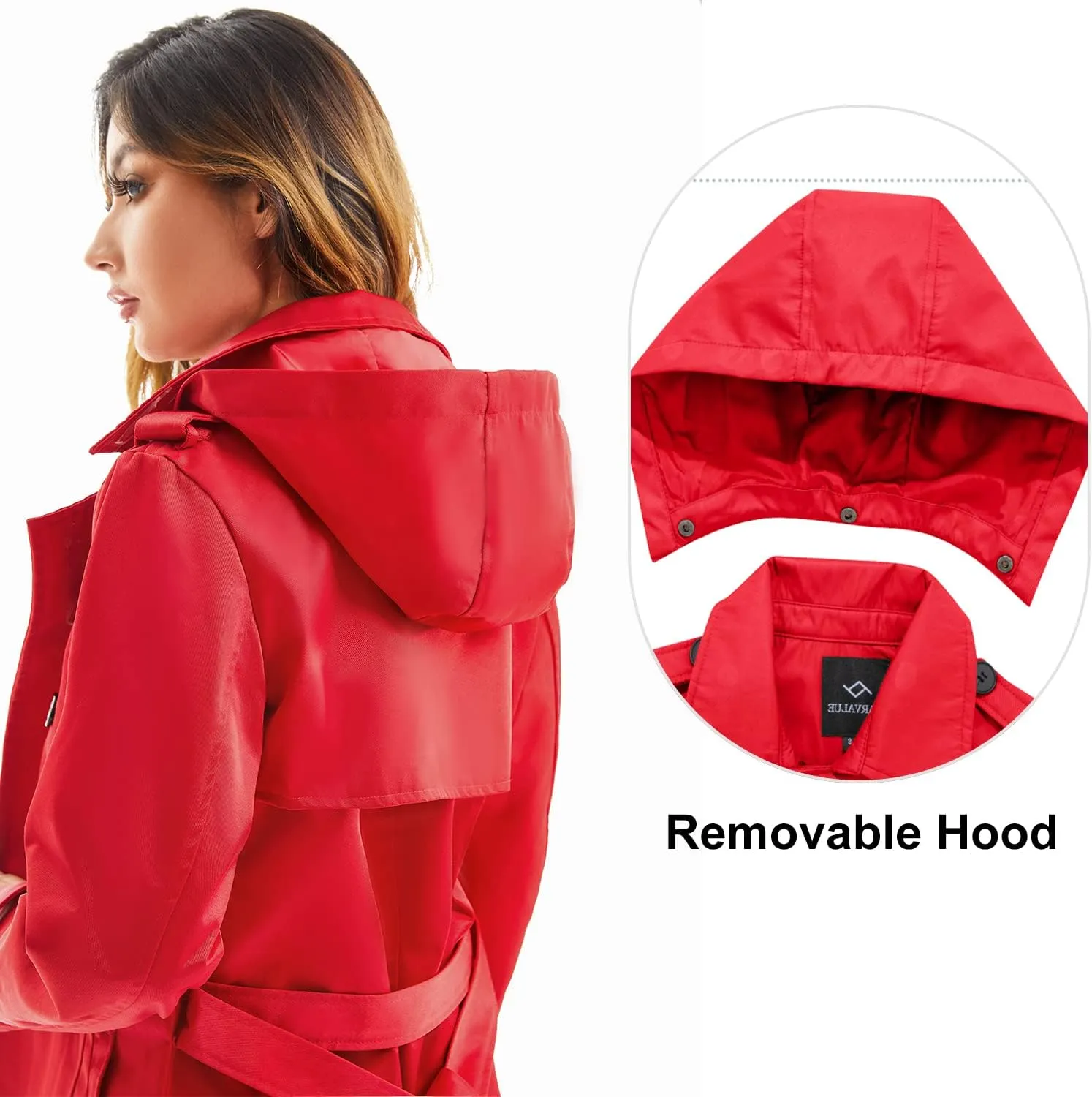 Garemcy Women's Long Waterproof Trench Coat Double Breasted Classic Lapel Coat Belted with Detachable Hood