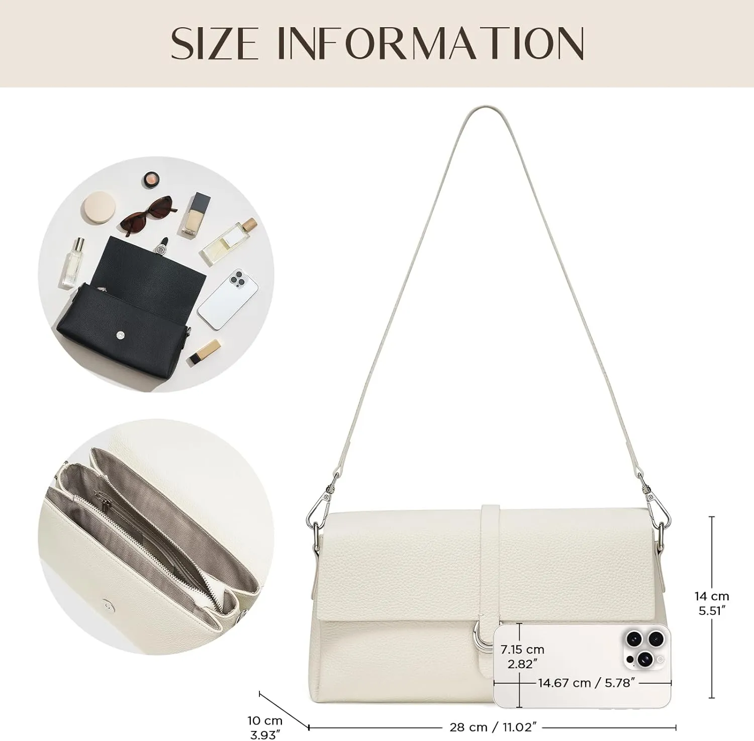 Genuine Leather Clutch Purses for Women Shoulder Bag Trendy Top-Handle Handbags with 2 Adjustable Straps