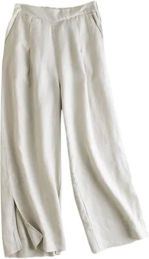 Gihuo Womens Cotton Linen Blend Pants Wide Leg Summer Capri Pants Elastic Waist Side Slit Trousers wiht Pockets