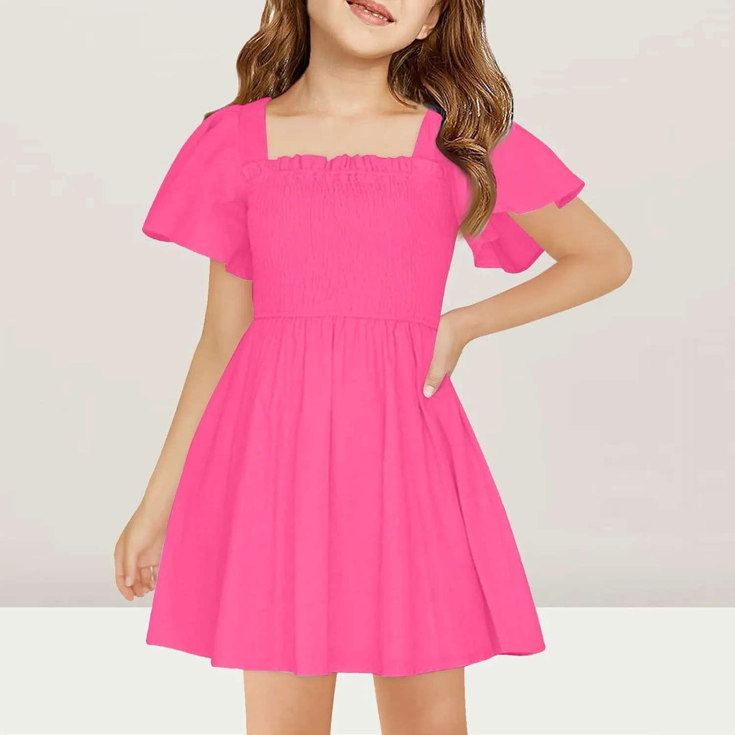 Girls Beach Dress Summer Flutter Sleeve A-Line Party Dress Square Neck Soft Dance Dresses Wedding Dresses 5-14 Years