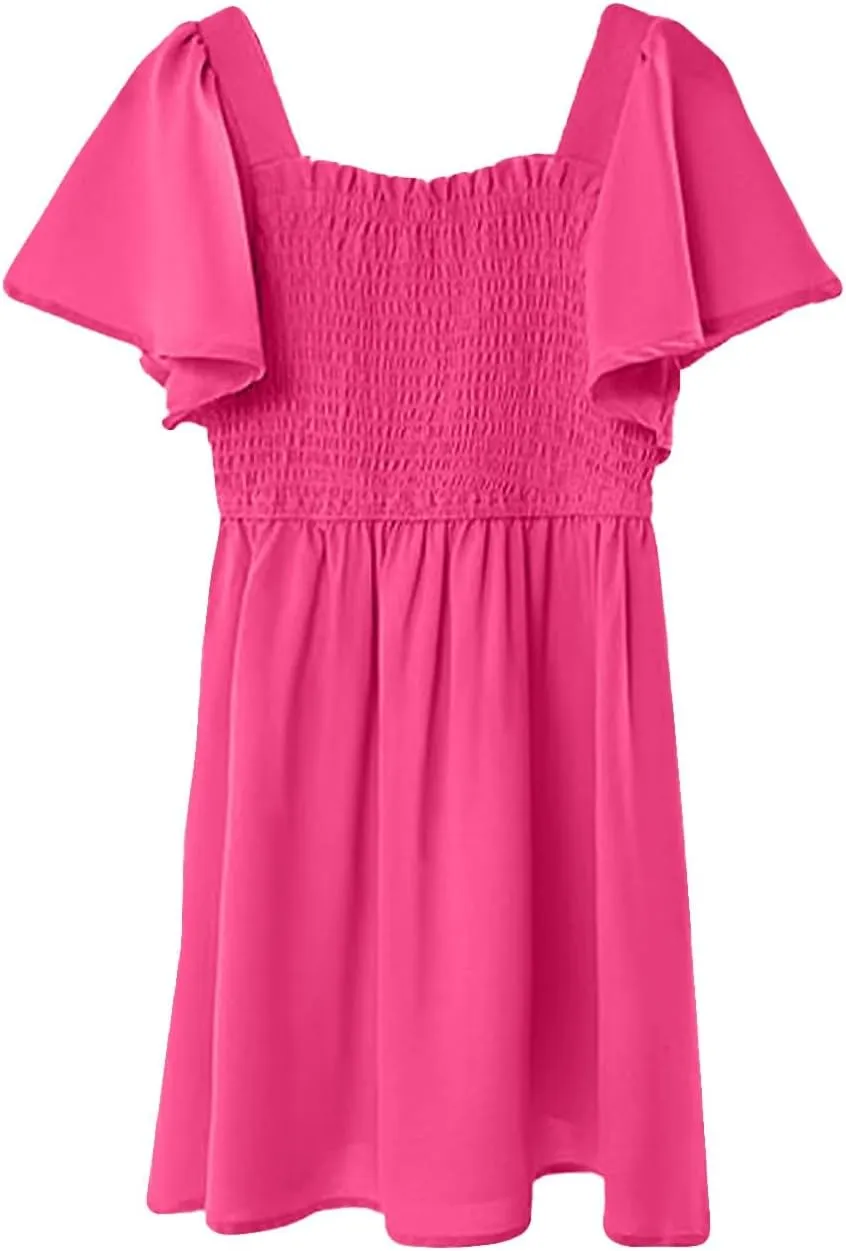 Girls Beach Dress Summer Flutter Sleeve A-Line Party Dress Square Neck Soft Dance Dresses Wedding Dresses 5-14 Years