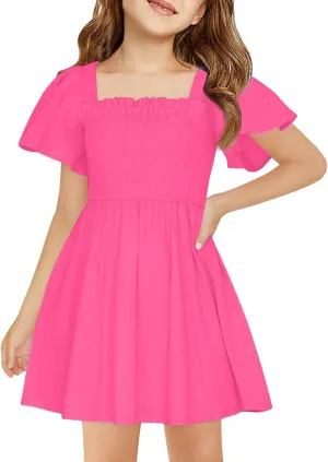 Girls Beach Dress Summer Flutter Sleeve A-Line Party Dress Square Neck Soft Dance Dresses Wedding Dresses 5-14 Years