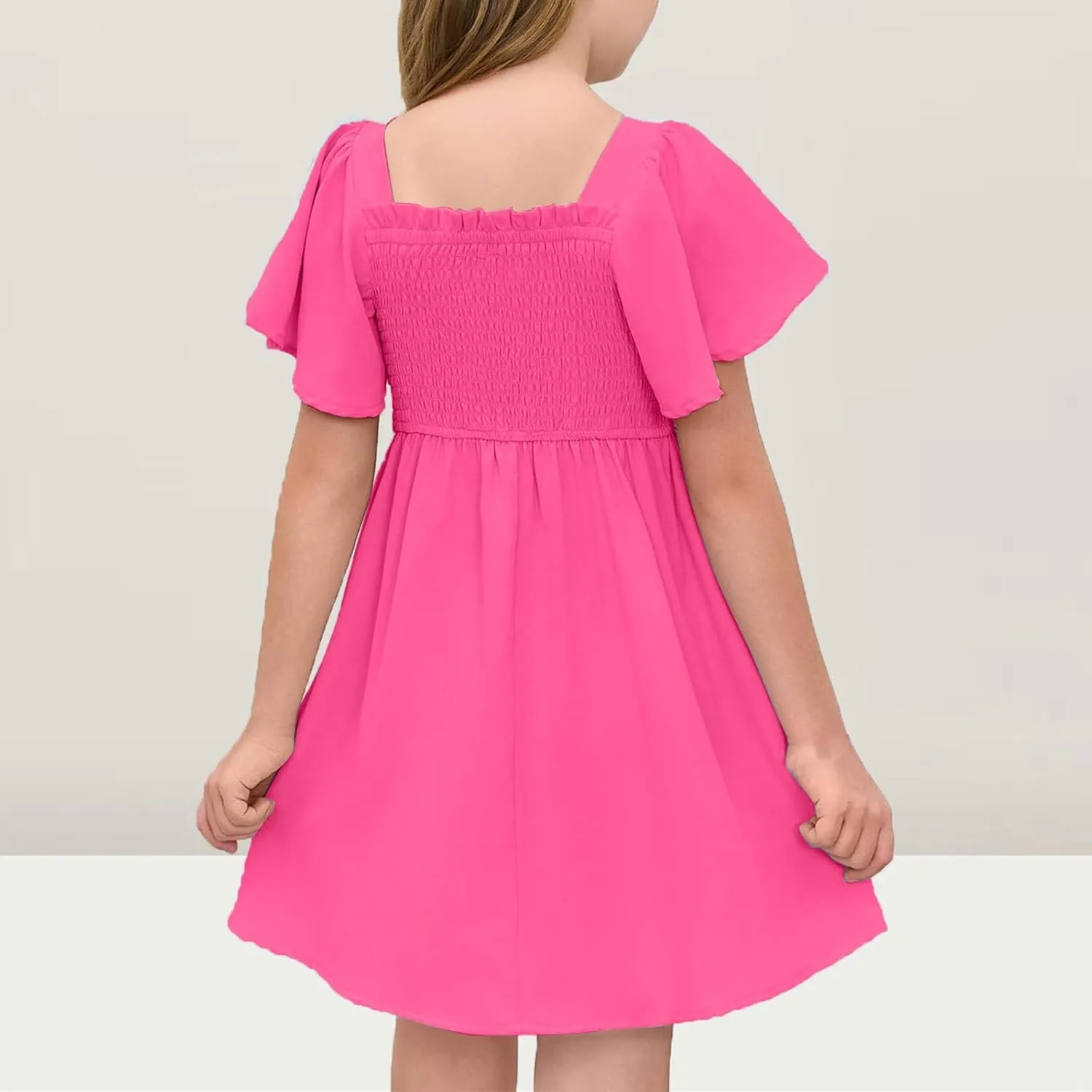 Girls Beach Dress Summer Flutter Sleeve A-Line Party Dress Square Neck Soft Dance Dresses Wedding Dresses 5-14 Years