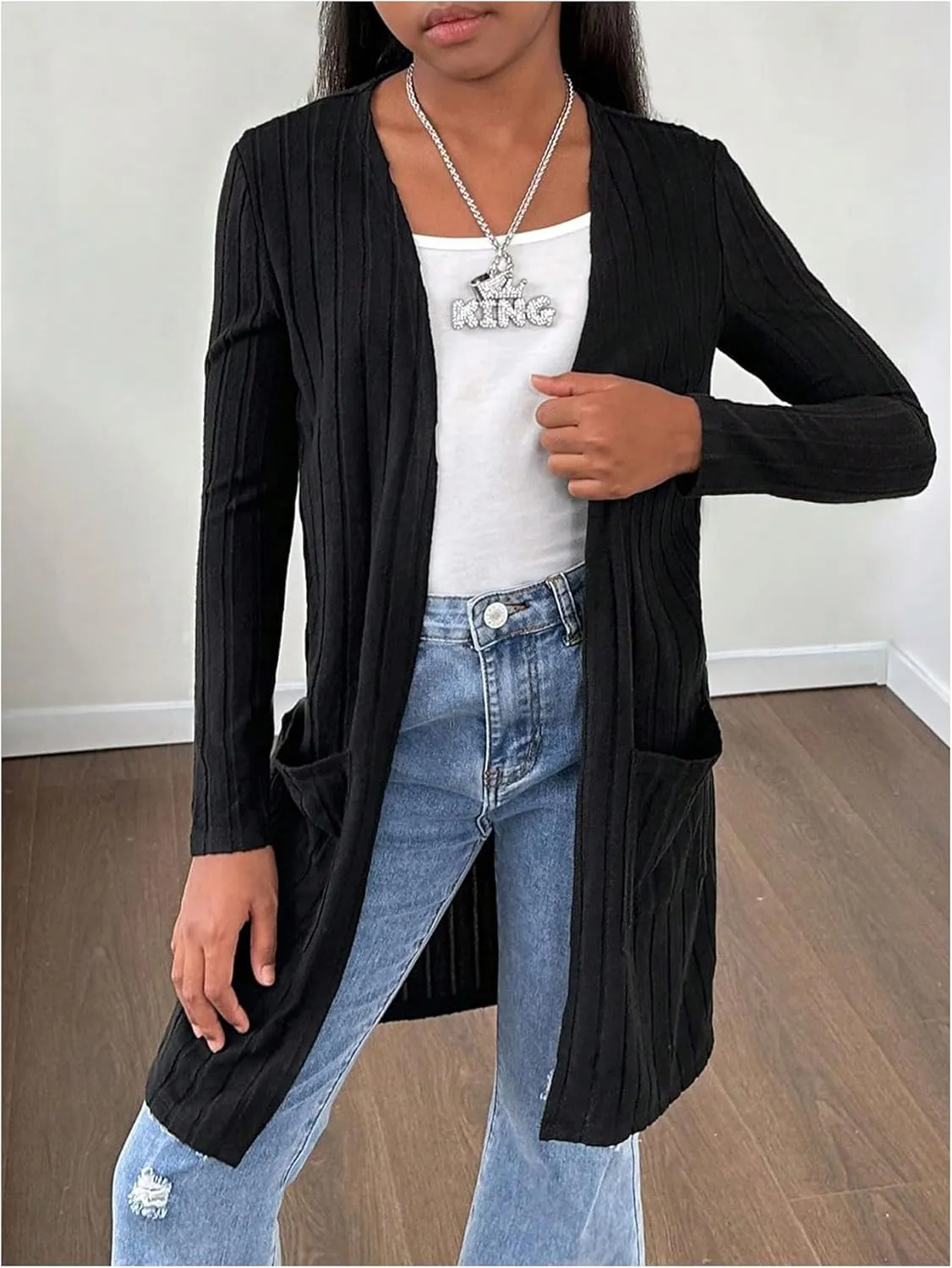Girl's Knitted Long Sleeve Cardigans Open Front Cardigan Sweaters with Pockets