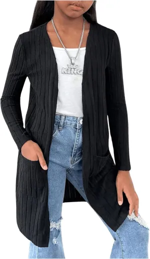 Girl's Knitted Long Sleeve Cardigans Open Front Cardigan Sweaters with Pockets