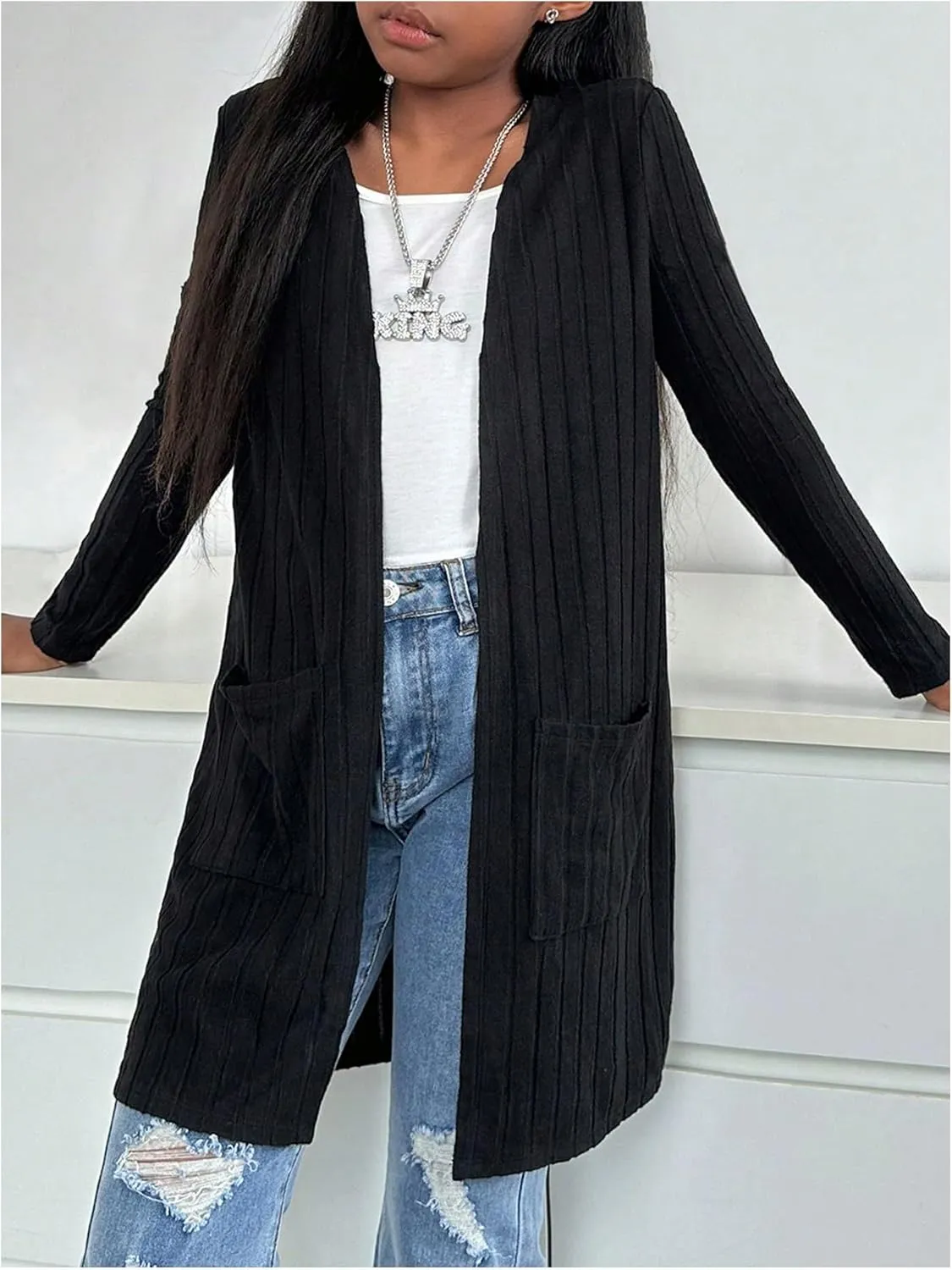Girl's Knitted Long Sleeve Cardigans Open Front Cardigan Sweaters with Pockets