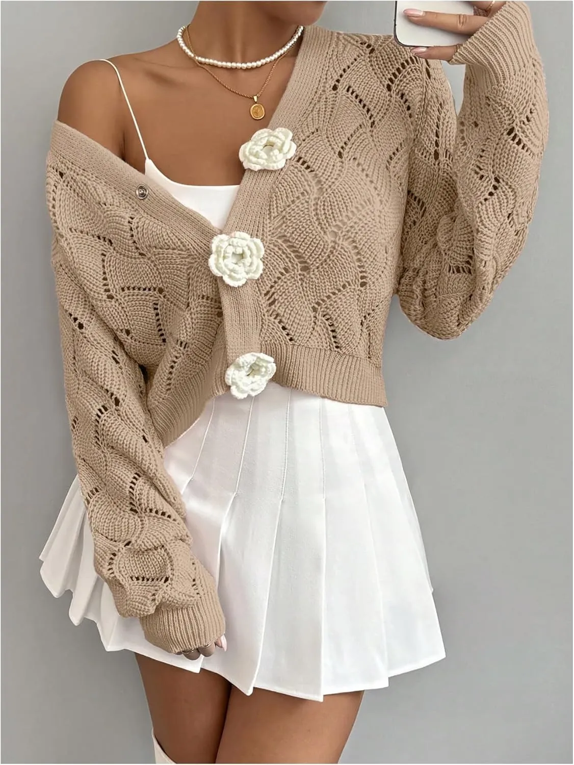 GORGLITTER Women's Floral Crochet Cardigan Button Up Long Sleeve Hollow Out Cropped Knit Sweater
