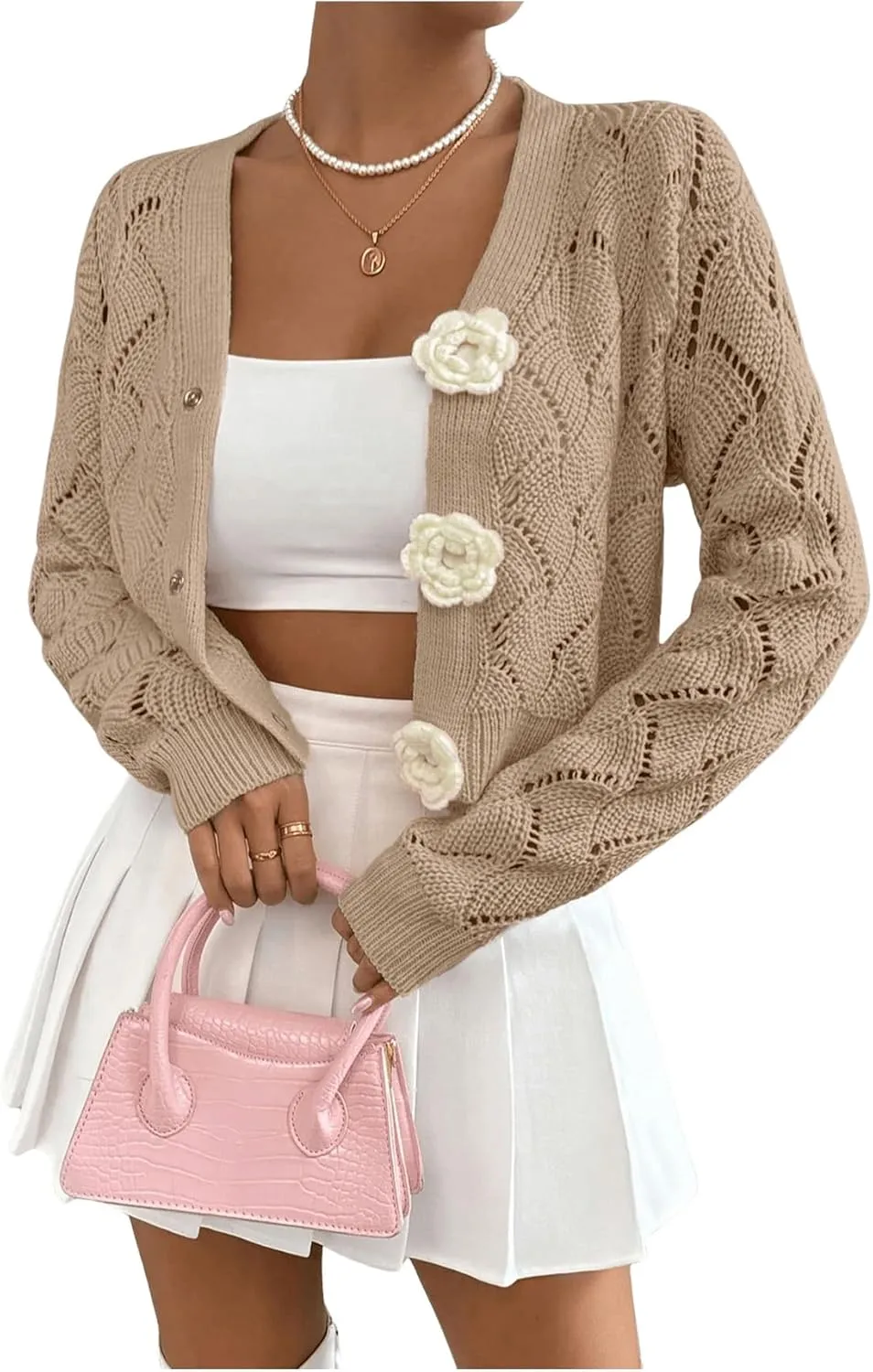 GORGLITTER Women's Floral Crochet Cardigan Button Up Long Sleeve Hollow Out Cropped Knit Sweater