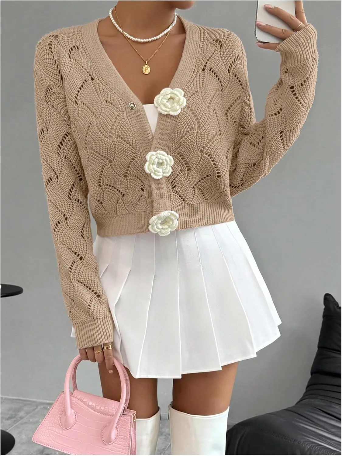 GORGLITTER Women's Floral Crochet Cardigan Button Up Long Sleeve Hollow Out Cropped Knit Sweater