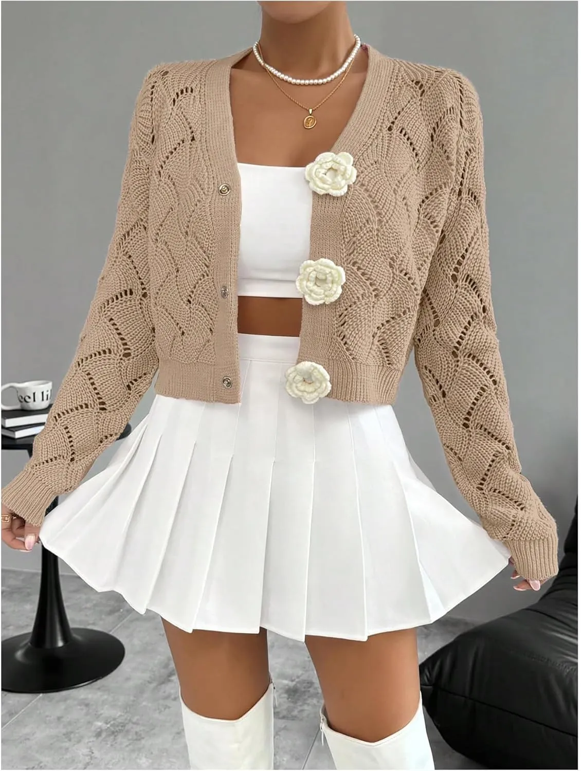 GORGLITTER Women's Floral Crochet Cardigan Button Up Long Sleeve Hollow Out Cropped Knit Sweater