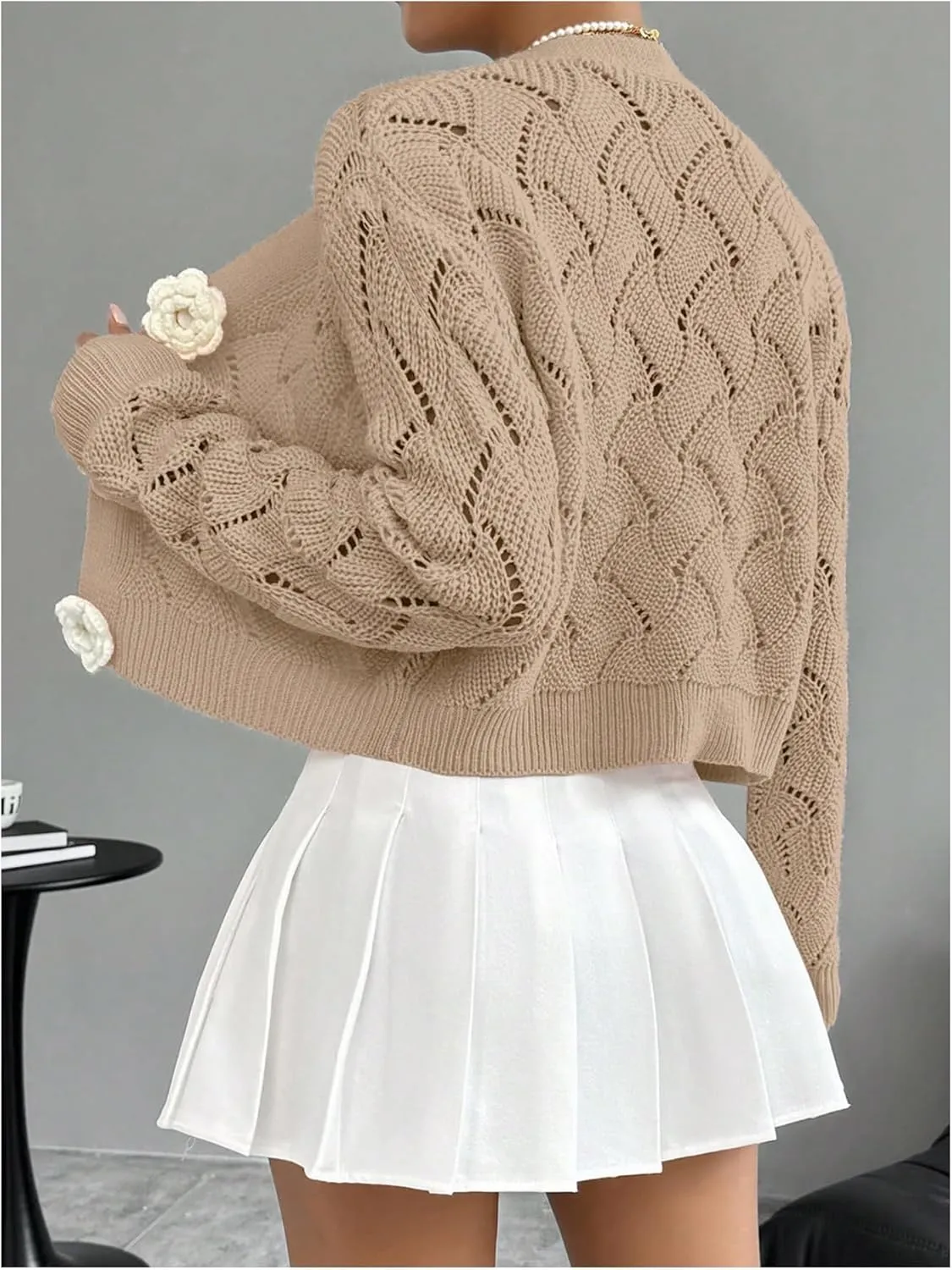 GORGLITTER Women's Floral Crochet Cardigan Button Up Long Sleeve Hollow Out Cropped Knit Sweater