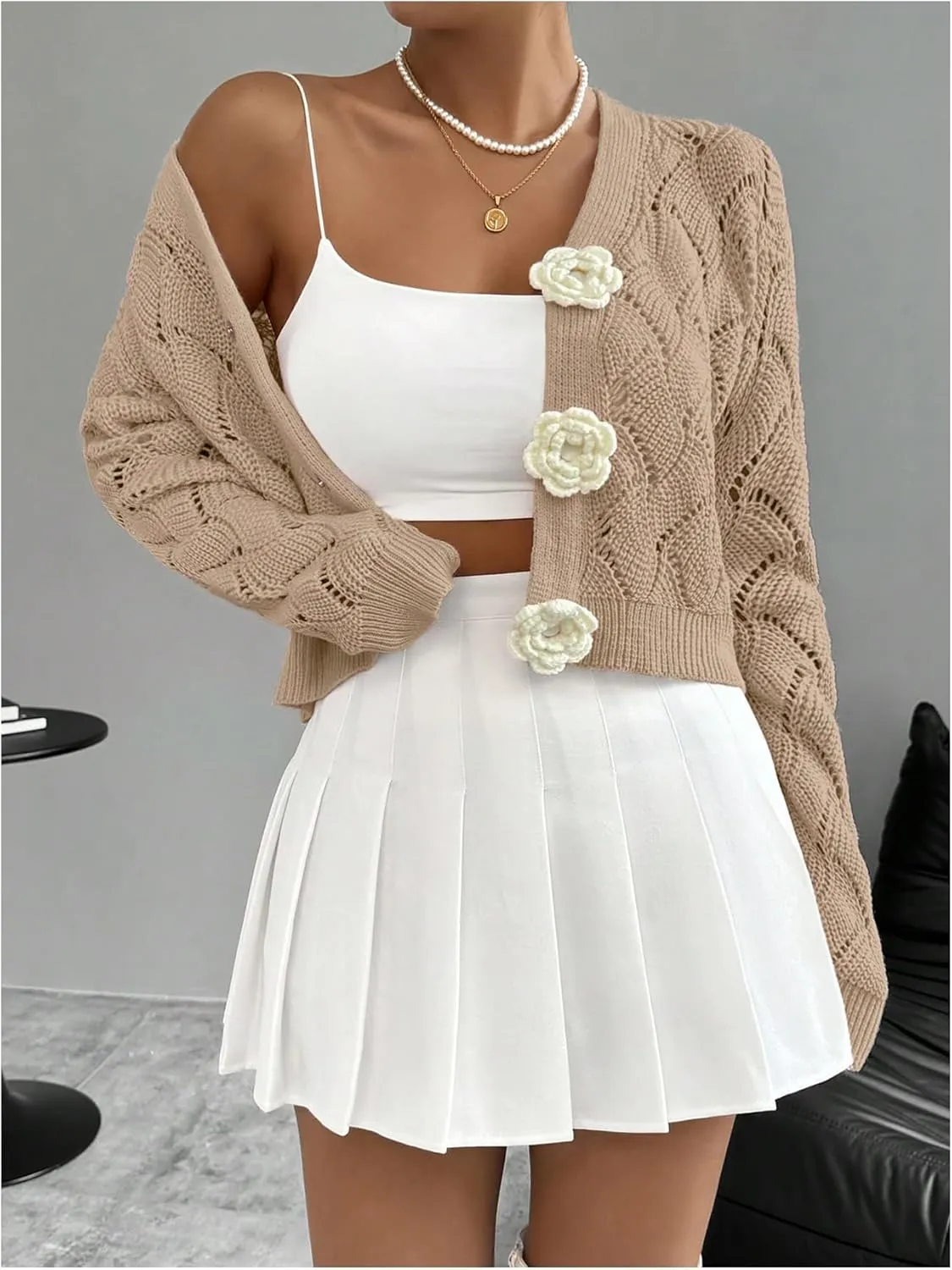 GORGLITTER Women's Floral Crochet Cardigan Button Up Long Sleeve Hollow Out Cropped Knit Sweater