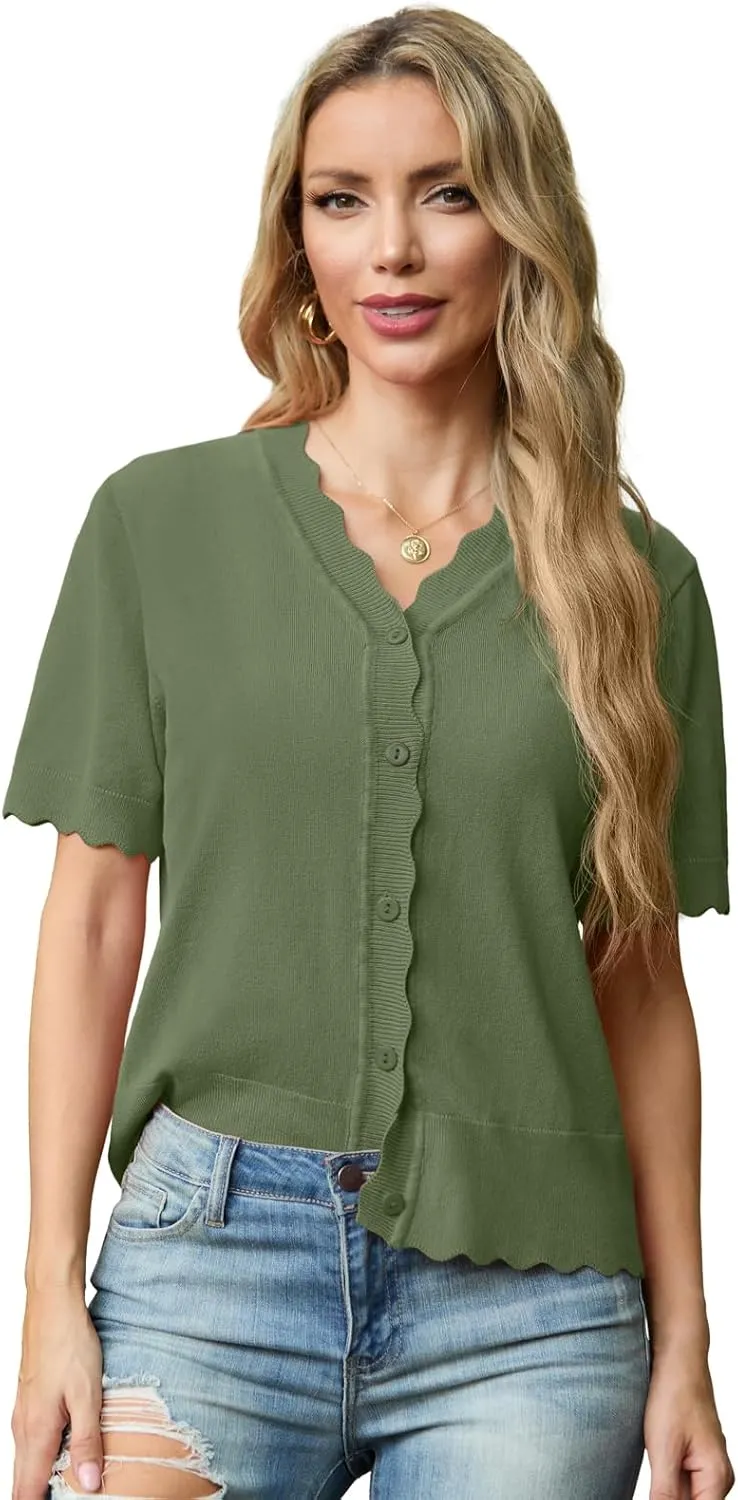 GRECERELLE Womens Summer Lightweight Short Sleeve Cropped Cardigan V-Neck Knit Sweater Shrug for Dressy