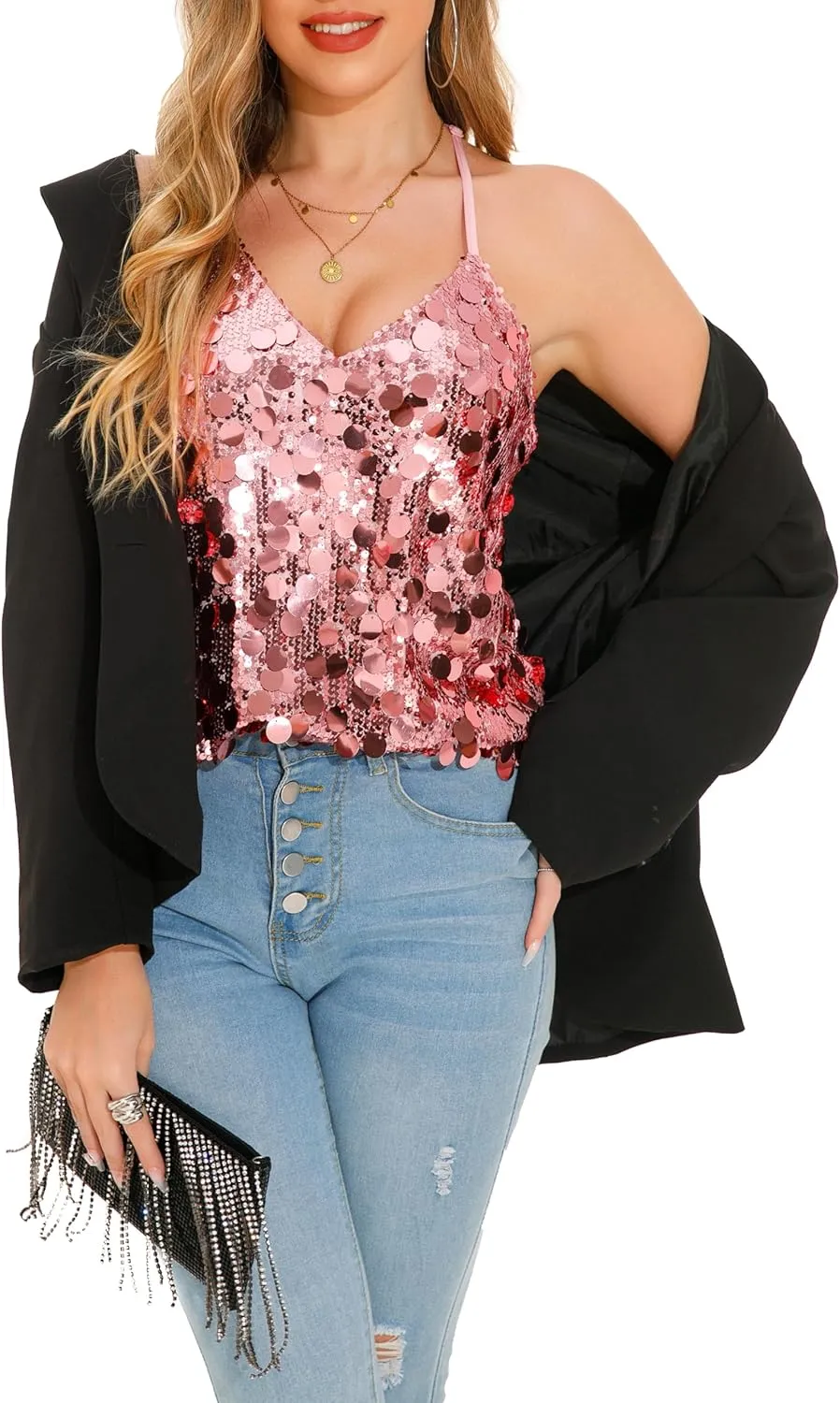 GUANYY Sequin Tops for Women Sparkly Strappy Tank Tops Sexy V Neck Top Concert Outfits Party Disco Club Night