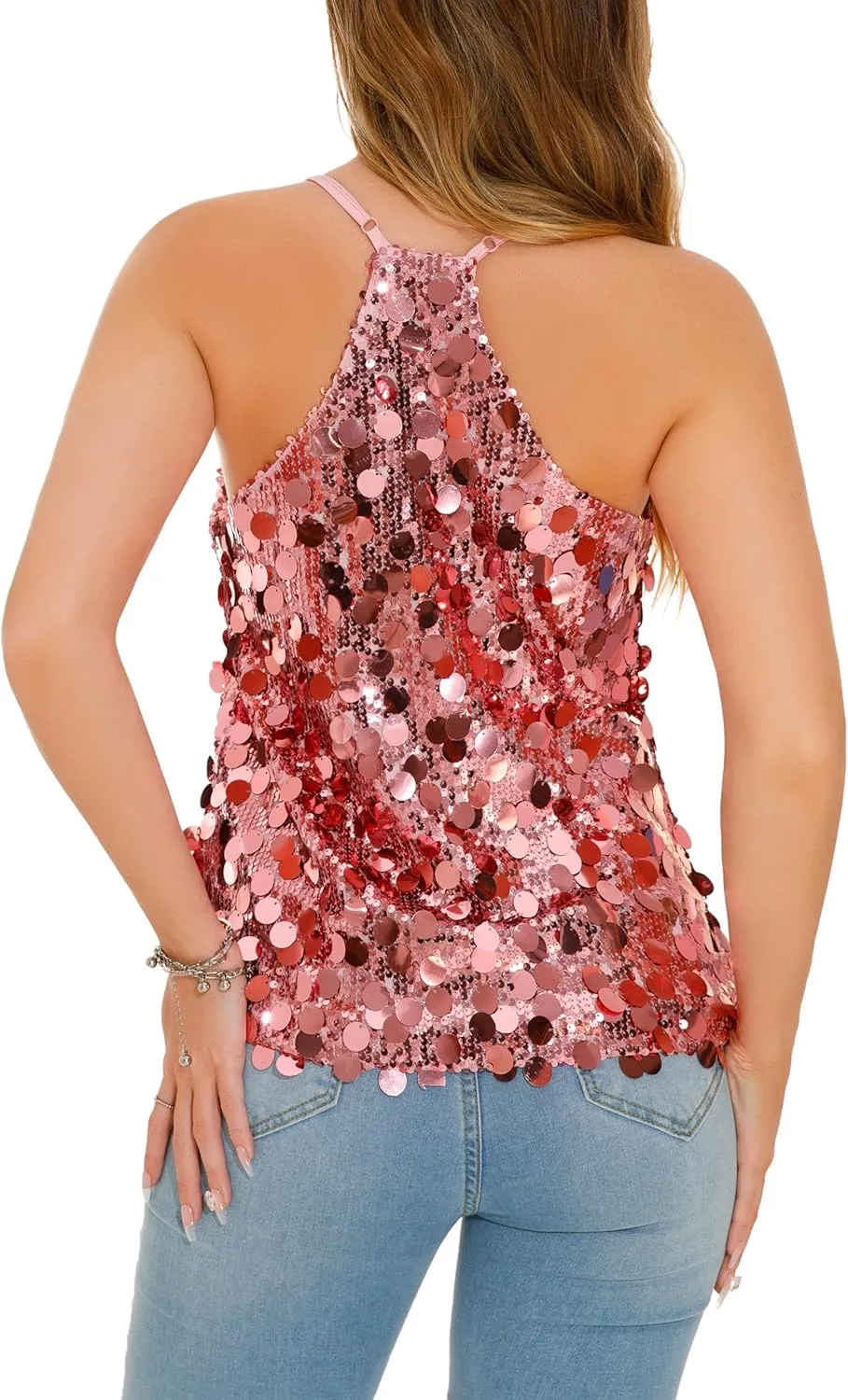 GUANYY Sequin Tops for Women Sparkly Strappy Tank Tops Sexy V Neck Top Concert Outfits Party Disco Club Night