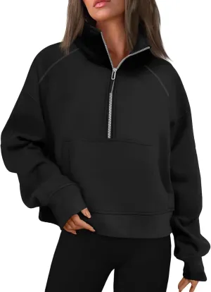 Half Zip Sweatshirt Women Fleece Thumb Hole Cropped Sweatshirts Stand Collared Loose Fit Plain Zip Up Pullover Tops