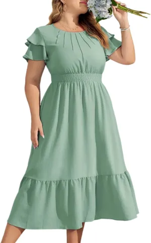 Hanna Nikole Plus Size Dresses for Women 2025 Ruffle Sleeve Round Neck Smocked Waist Summer Flowy Tiered Midi Dress