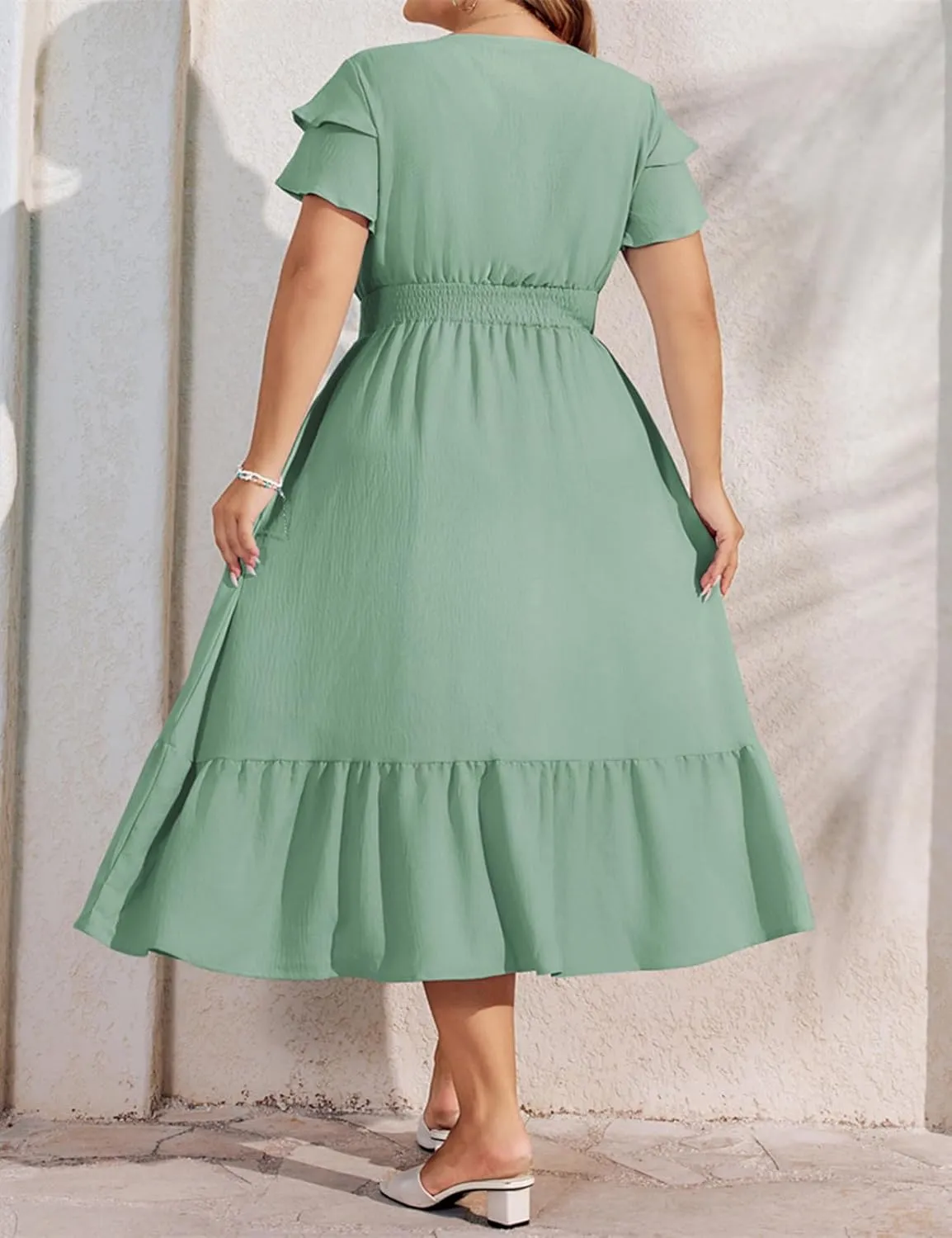 Hanna Nikole Plus Size Dresses for Women 2025 Ruffle Sleeve Round Neck Smocked Waist Summer Flowy Tiered Midi Dress