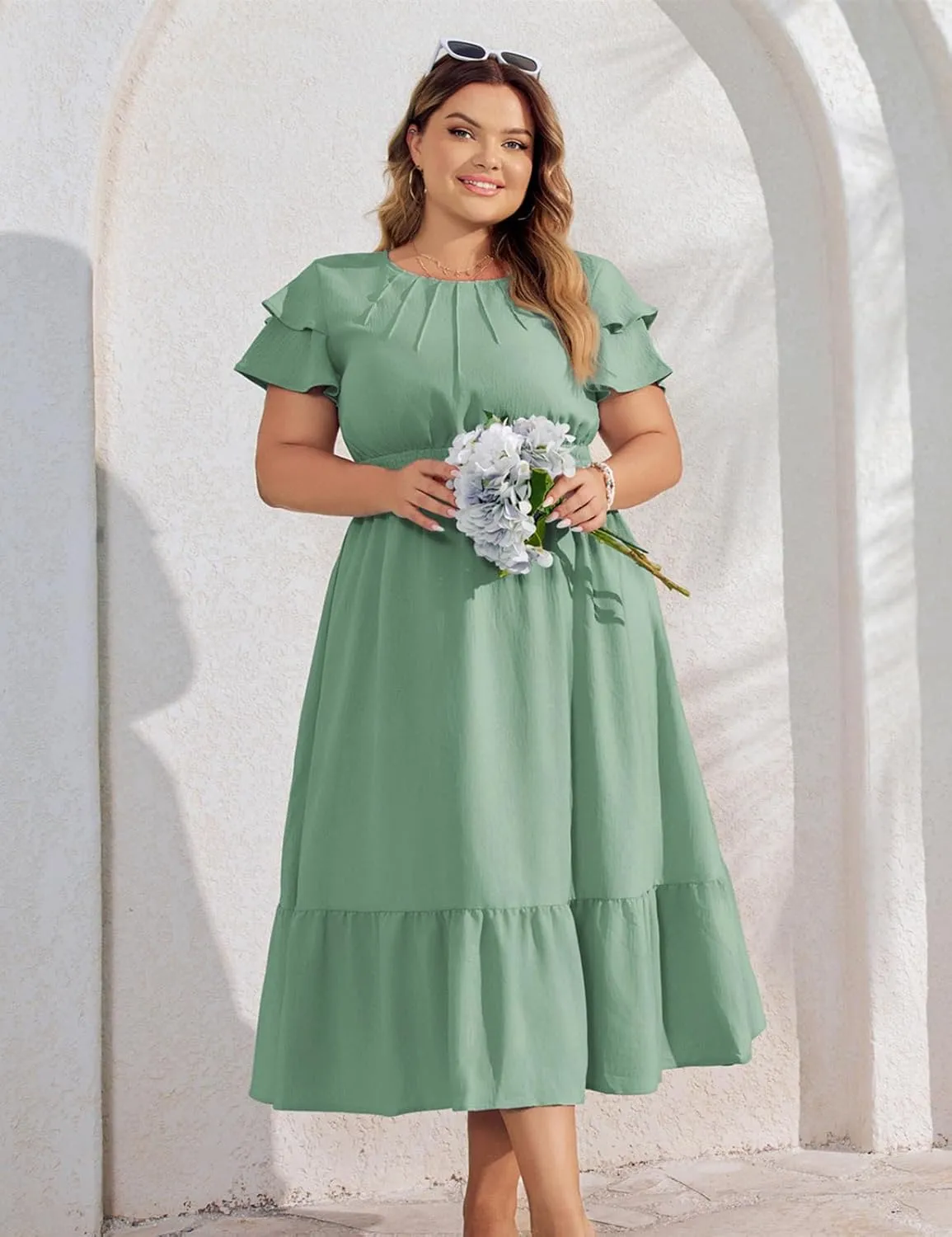 Hanna Nikole Plus Size Dresses for Women 2025 Ruffle Sleeve Round Neck Smocked Waist Summer Flowy Tiered Midi Dress