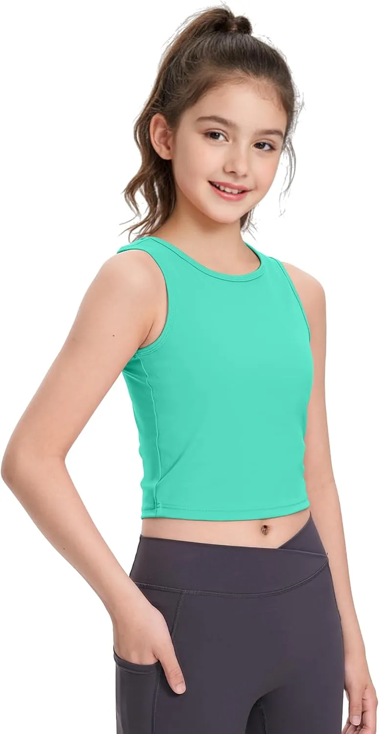 HASMES Girls Athletic Tank Tops Sleeveless Round Neck Basic Cute Dance Crop Tops for Kids 8-14Y
