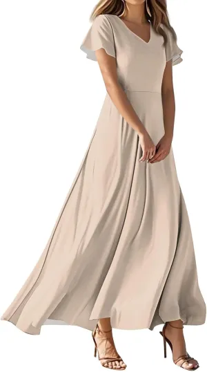 Hawaiian Dresses for Women Summer Casual Trendy Short Sleeve V-Neck Solid Color Flowy Boho Maxi Beach Dress, XS-2XL