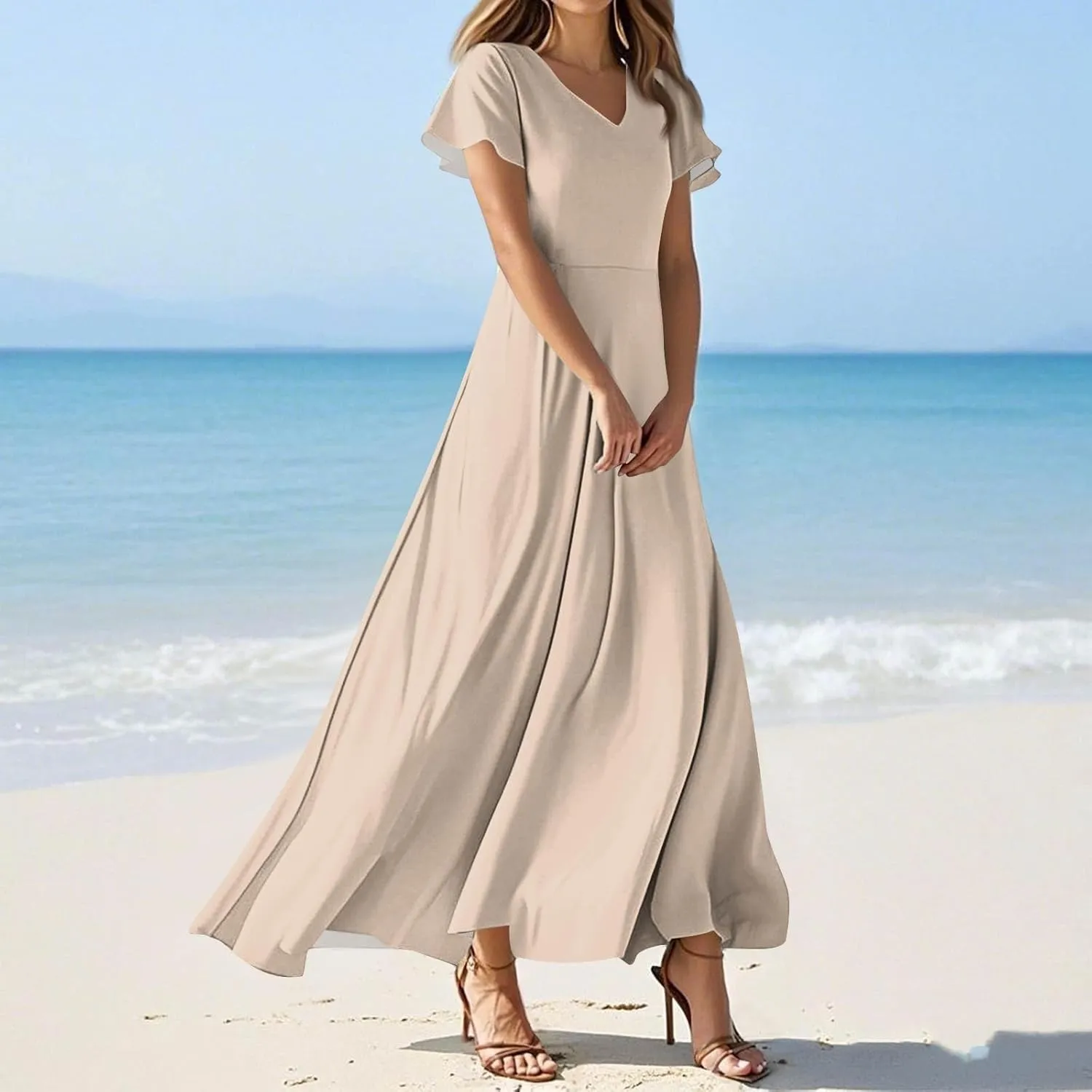 Hawaiian Dresses for Women Summer Casual Trendy Short Sleeve V-Neck Solid Color Flowy Boho Maxi Beach Dress, XS-2XL