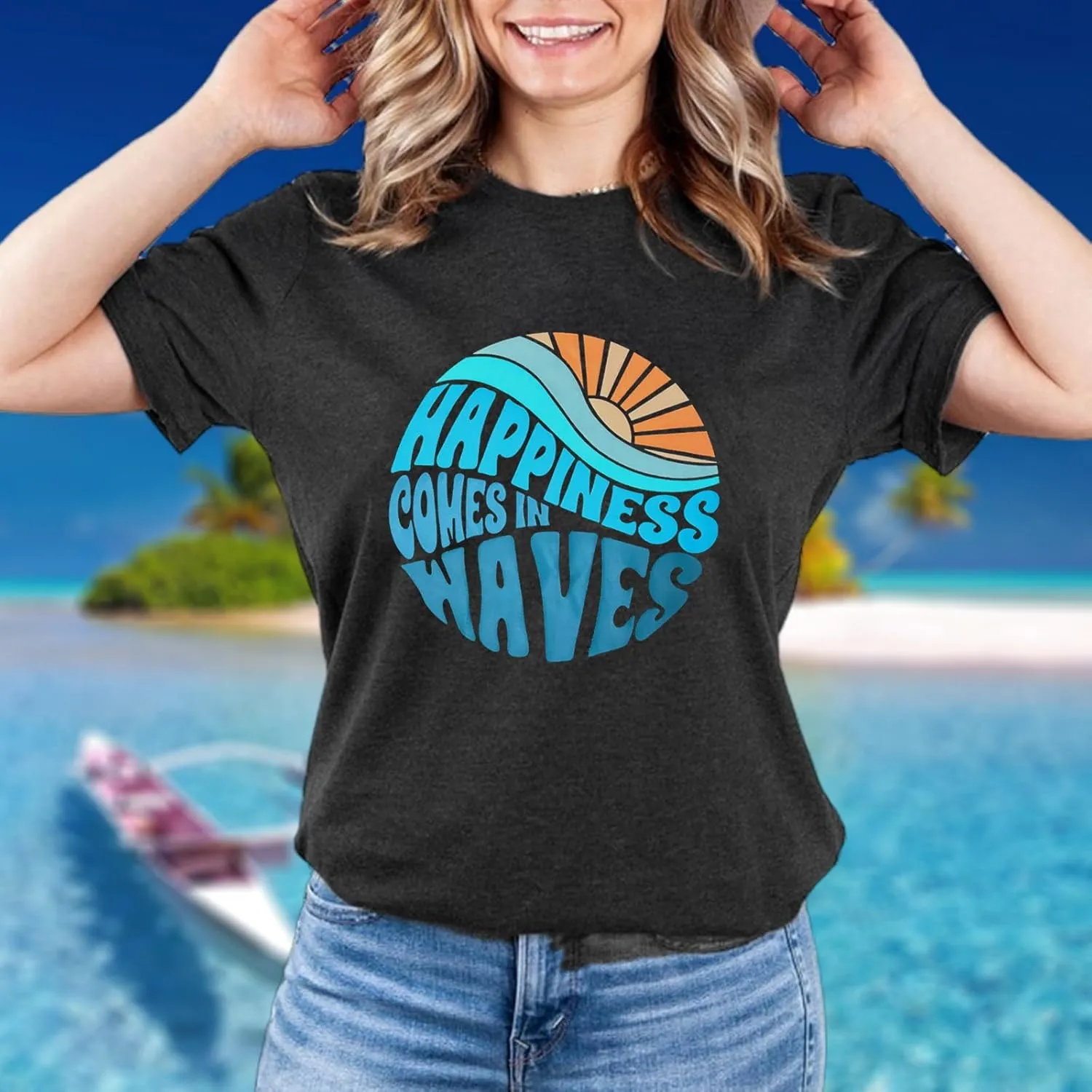 Hawaiian Shirts for Women Palm Trees Beach Graphic Tee Tops Summer Vacation Short Sleeve Tshirt Tops
