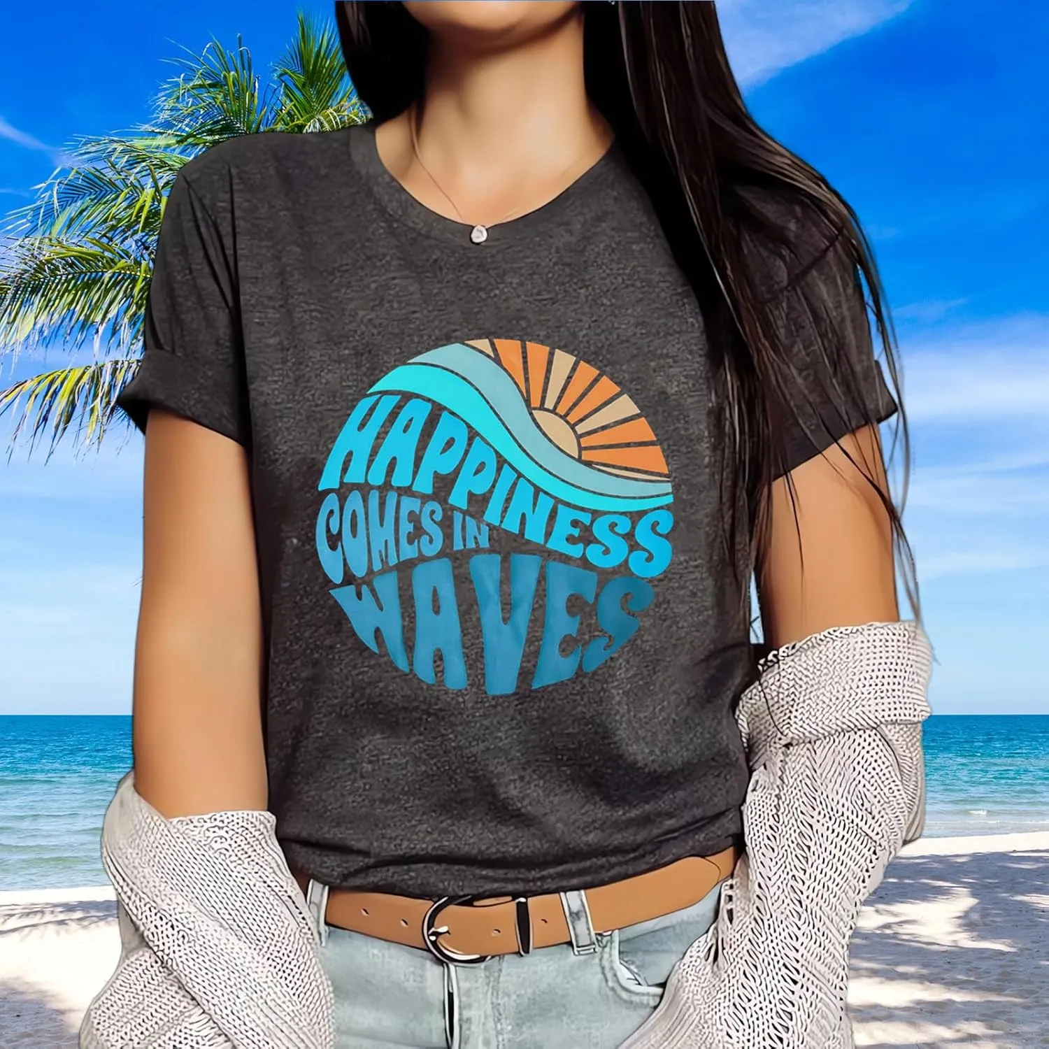 Hawaiian Shirts for Women Palm Trees Beach Graphic Tee Tops Summer Vacation Short Sleeve Tshirt Tops