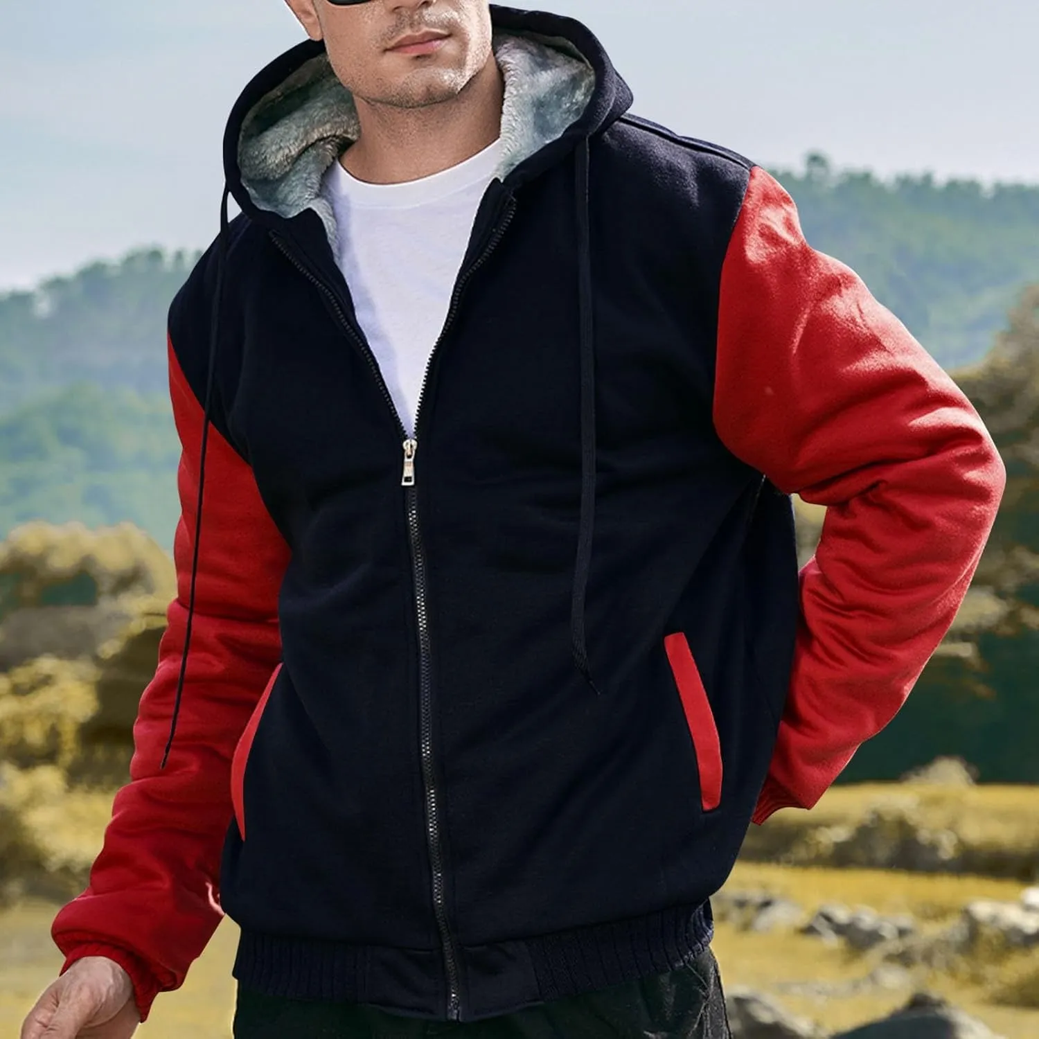 Heavyweight Fleece Hoodies for Men Full Zip Thick Sherpa Lined Sweatshirt Winter Warm Contrast Jackets with Pockets