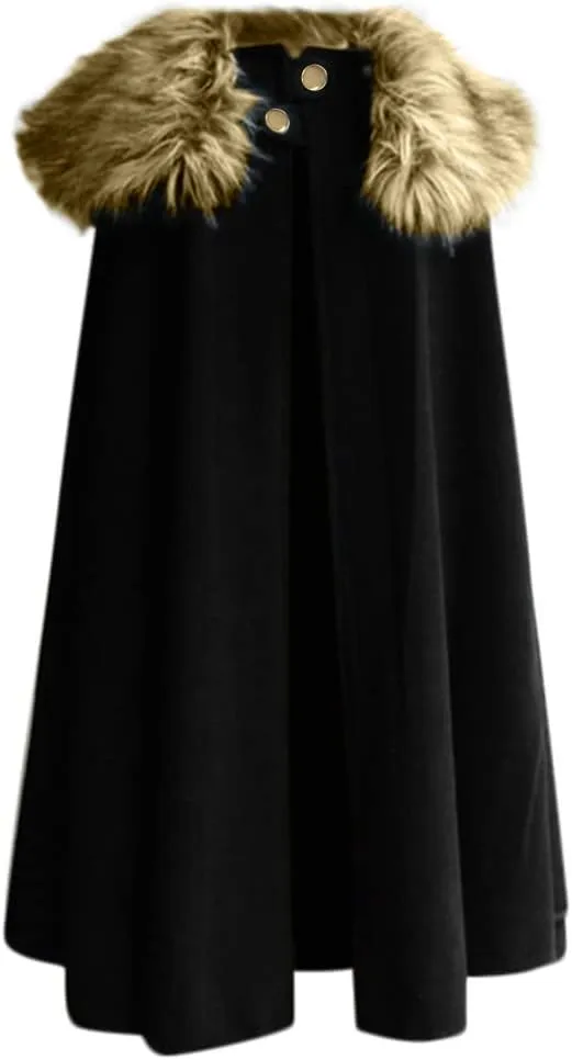 hhaappyy Cloak Coat for Men Winter Warm Gothic Wool Faux Fur Collar Long Cape Cloak Vintage Game of Thrones Fleece Jacket, Black