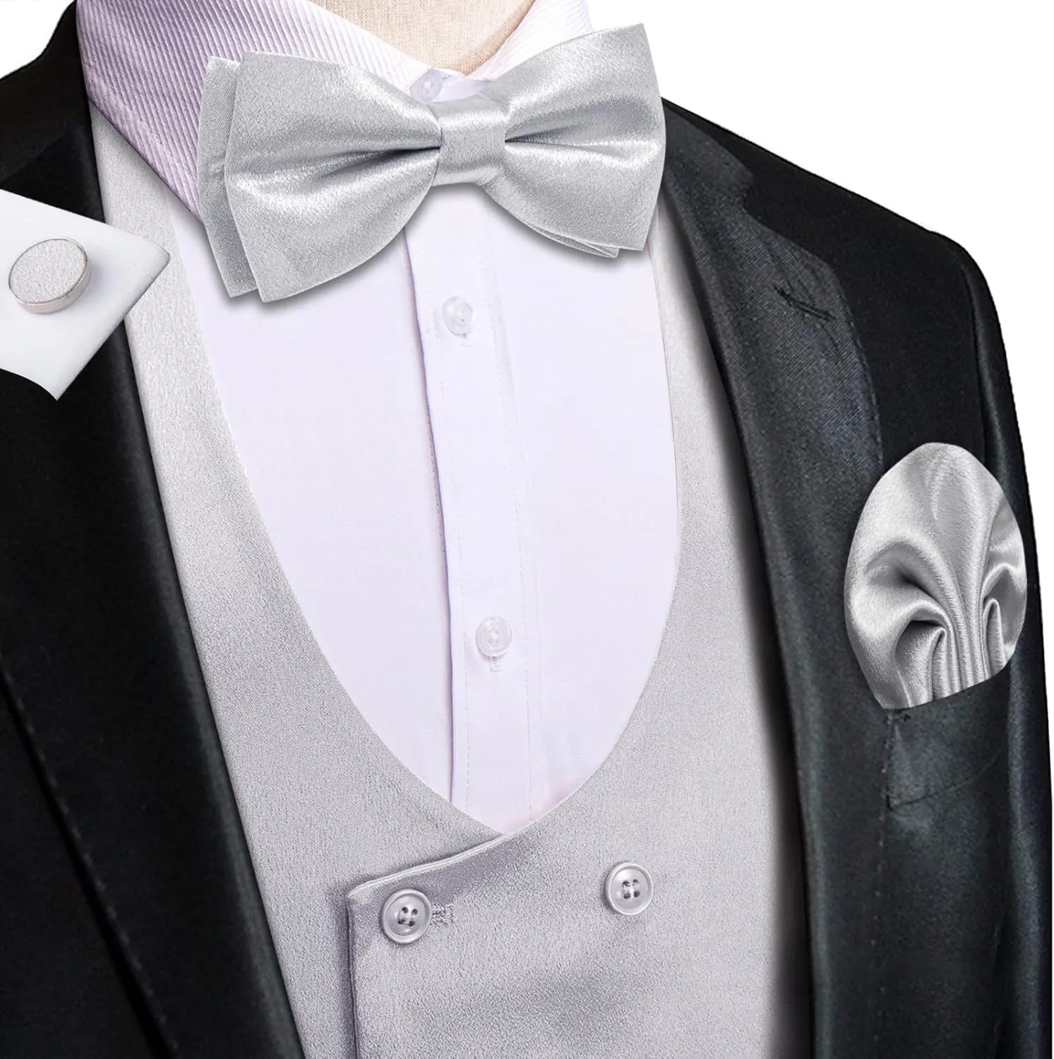 Hi-Tie Mens Silk Double-Breasted Suit Vest Tie Pretied Bowtie and Pocket Square Cufflinks Slim Fit Wedding or Business Tuxedo