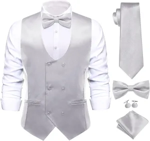 Hi-Tie Mens Silk Double-Breasted Suit Vest Tie Pretied Bowtie and Pocket Square Cufflinks Slim Fit Wedding or Business Tuxedo