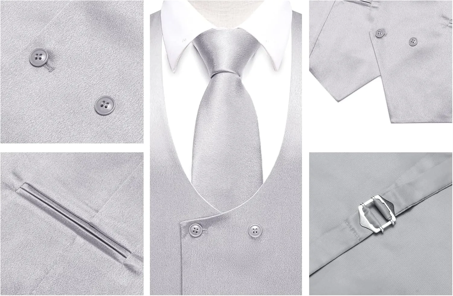 Hi-Tie Mens Silk Double-Breasted Suit Vest Tie Pretied Bowtie and Pocket Square Cufflinks Slim Fit Wedding or Business Tuxedo
