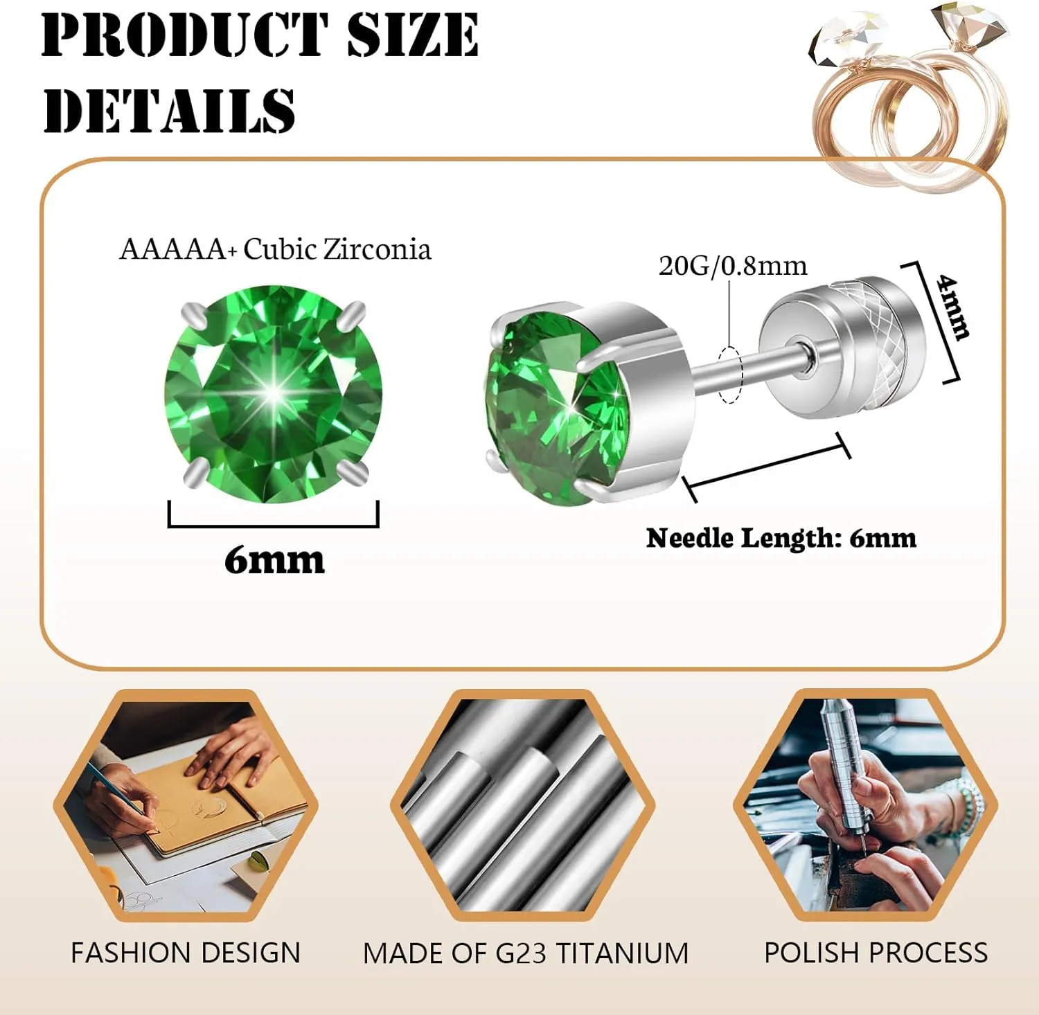 Hopply Hypoallergenic G23 Implant Grade Pure Titanium Screw Back Earrings, 20G Flatback 5A Cubic Zirconia Earrings Double Side Studs, Suitable for Women Men Sensitive Ears Piercing Sleeper Studs Jewelry