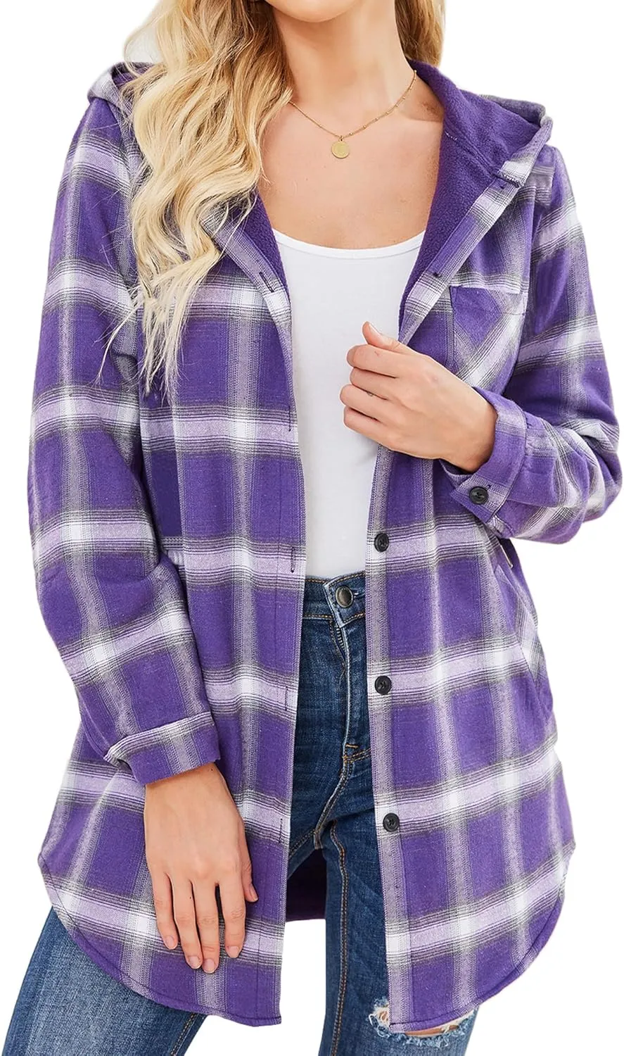 HOTOUCH Women Flannel Fleece Shacket Jacket Plaid Button Down Long Sleeve Shirt 2024 Fall Winter Outfits Clothes with Hooded